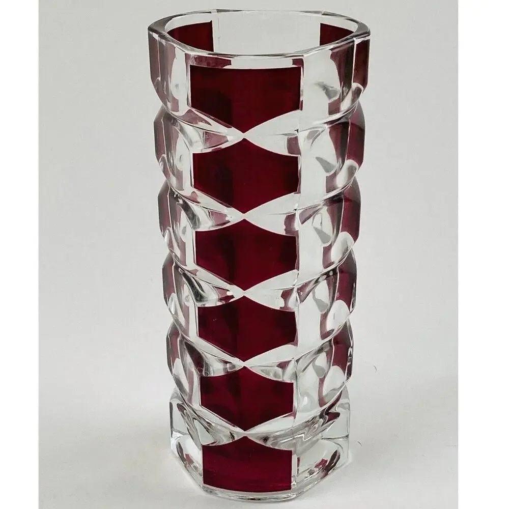 Vtg MCM Triangle Art Glass Vase Windsor Rubis Cranberry Faceted JG Durand France